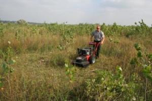 Photo of a man pushing a mower