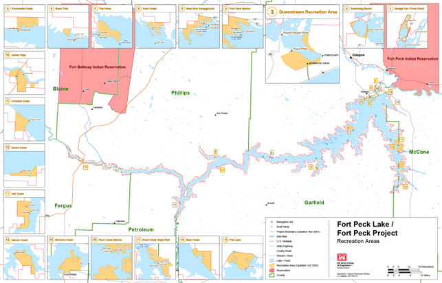 Fort Peck Boating and Recreation Map with Boat Ramp Insets